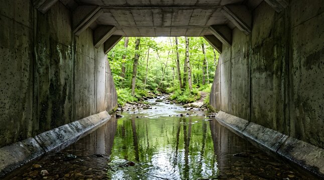 Stream flowing through a concrete culvert creates a perfect mirror reflection on water