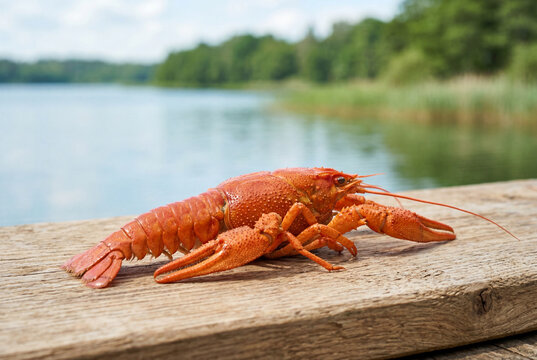 Red crayfish resting on wooden board near calm lake water