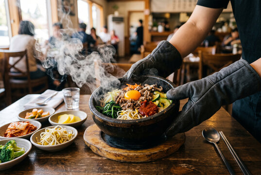 Waiter serving steaming hot Korean dolsot bibimbap stone bowl with side dishes in restaurant