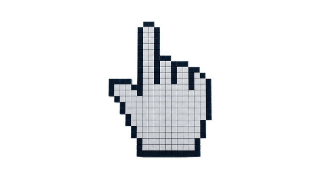 A pixelated hand cursor icon pointing upward, featuring a clean minimalist style against a solid white background for digital interface.