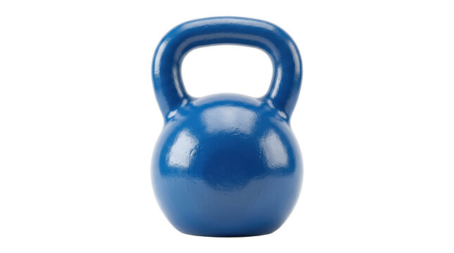 A bright blue kettlebell stands alone against a clean white background, symbolizing strength and fitness training.