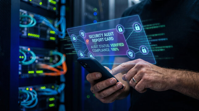 Cybersecurity audit compliance verified on smartphone hologram in server room. IT professional checking network security status report card in data center.