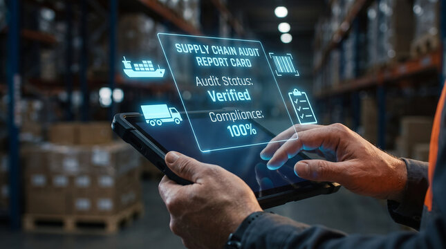 Supply chain audit report card on digital tablet, logistics compliance verification, futuristic warehouse management technology