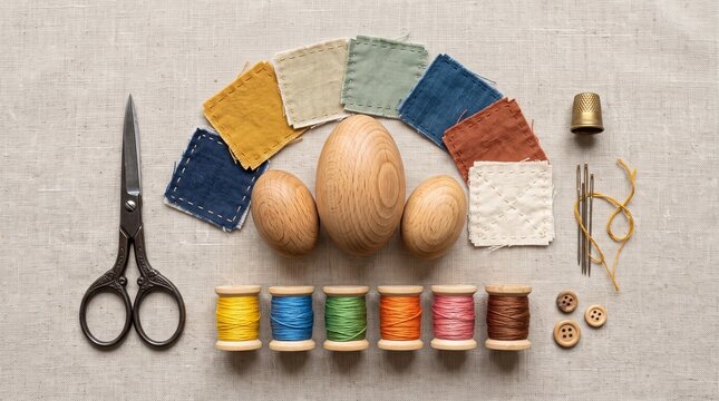 Colorful sewing kit with vintage scissors, spools of thread, fabric swatches and wooden buttons on background. DIY textile accessories and tailoring material supply for craft projects and