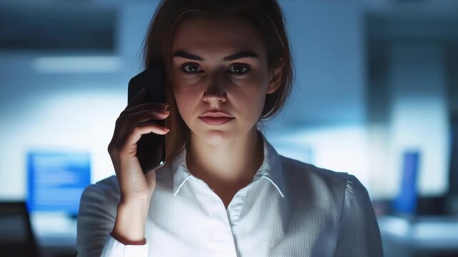 Woman focuses intently on her smartphone in dim office lighting. She wears a white collared shirt and holds the device close. Background features blurred screens and cool-toned lighting