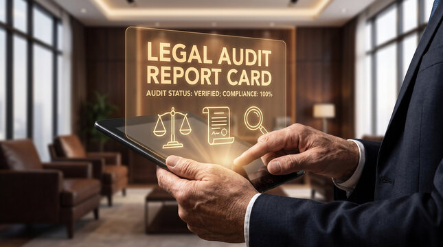 Legal compliance audit report on digital tablet held by businessman in office, showing 100% verified status with holographic icons of justice scales and contract.