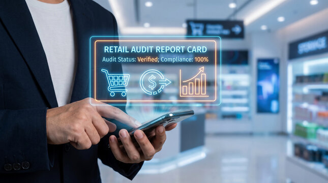Retail audit report card on smartphone screen held by businessman. Holographic compliance dashboard showing 100% verified status, shopping cart, and financial growth charts in modern store.