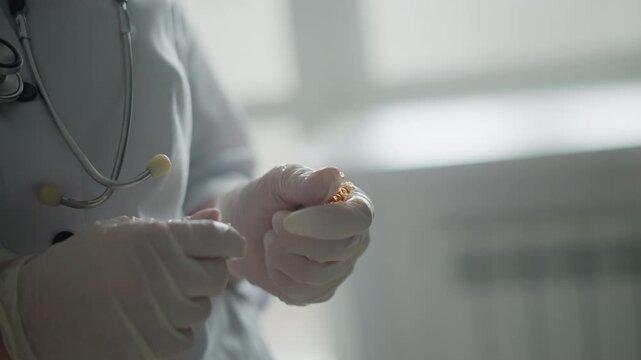 White doctor preparing ampoule closeup, gloved hands hold small glass vial, stethoscope on chest, soft window light, precise dosage verification, sterile clinic atmosphere, focused calm