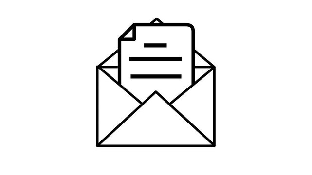 Animated black line art of an envelope opening to reveal a text document on a white background. Great for newsletter, contract, or email concepts.