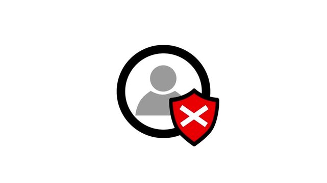Animated user profile icon with a red shield and cross symbol. Represents account blocked, access denied, insecure network, or privacy vulnerability.