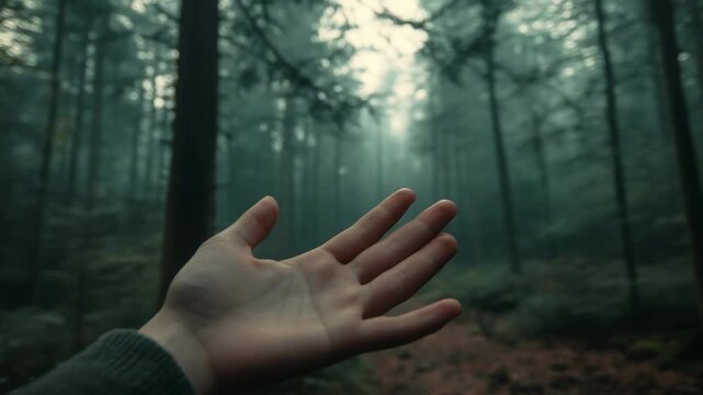 Misty atmosphere with extended arm in natural setting.
