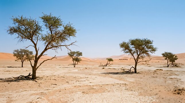 Acacia trees grow in a vast arid desert landscape under a clear blue sky.