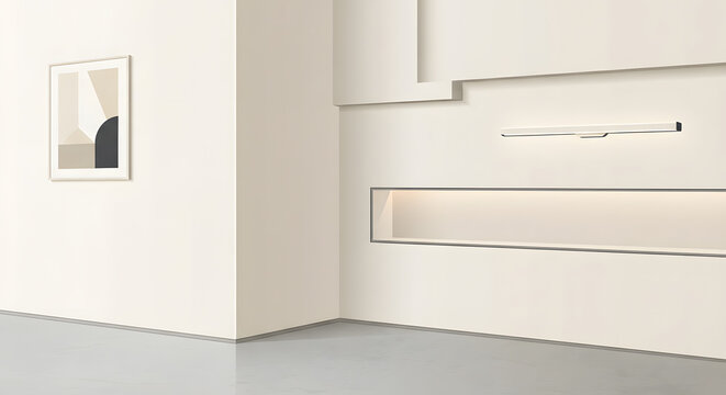 Minimalist interior wall with abstract art and recessed lighting