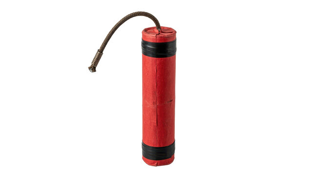 A red stick of dynamite with a fuse isolated on a white background representing danger and explosion concepts.