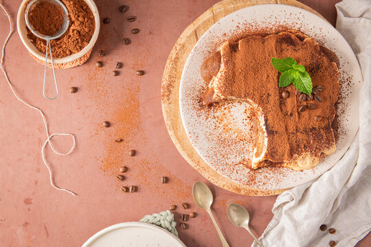 Top view of homemade traditional tiramisu cake