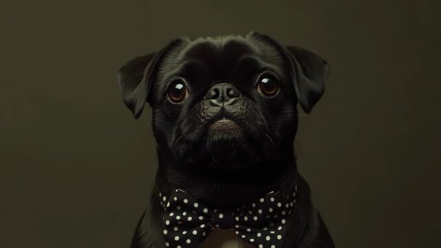 An adorable pug dog wearing a bowtie, looking at the camera.