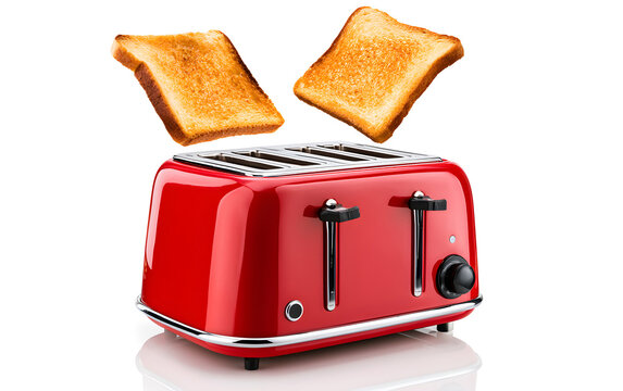 Roasted toasts popping out of a red toaster, isolated on white background