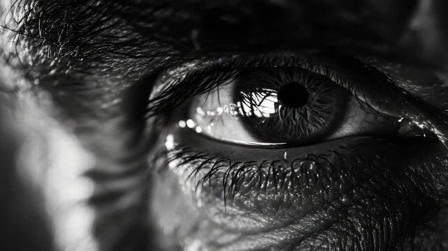 A black and white showcasing the intricate details of an eye with tear streaks.