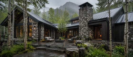 Fototapeta premium Rain-drenched luxury mountain cabin with rustic stonework chimney, metal roof and glass windows opening onto a stone patio, surrounded by aspen and pine forest near a rugged peak