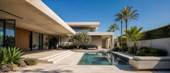 Fototapeta premium Contemporary luxury villa with minimalist concrete architecture, expansive terrace and reflective swimming pool framed by palm trees and lush landscaping under clear blue sky