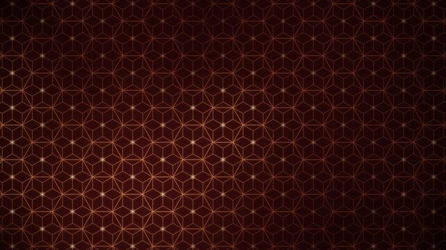 Elegant Japanese Asanoha hemp leaf pattern, gold geometric lattice of fine lines with a soft glow travelling through the six pointed star grid, traditional wagara motion in cool crimson tones