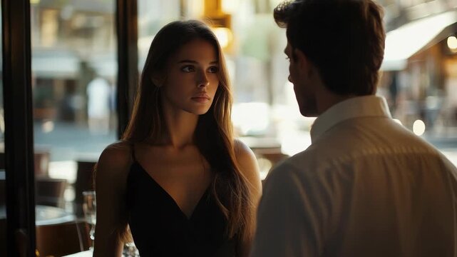 Woman and man in conversation at a restaurant
