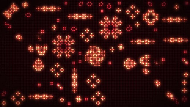 Cellular automaton pixel grid with Game of Life gliders and blinking oscillators, seamless loop in rich crimson tones