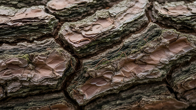Detailed macro view showcasing rugged pine tree bark texture with layered brown and green organic patterns