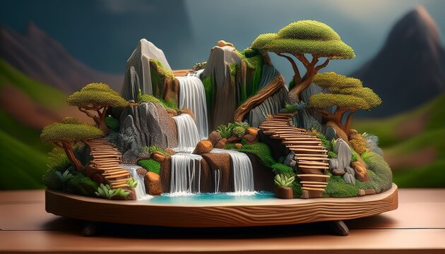 Miniature Mountain Waterfall Landscape On Wooden Base With Miniature Waterfall Landscape Mountain Sculpture