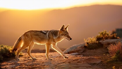 Naklejka premium Coyote Walking On Rocky Path At Golden Hour