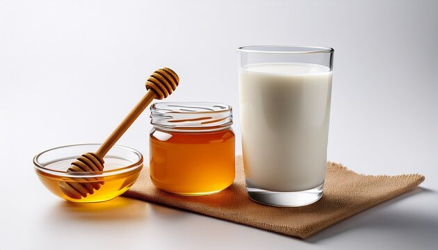 Honigmilch Glas Milch Loffel Und Honig Auf Weissem Hintergru