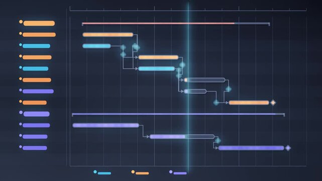 Animated Gantt Chart Project Timeline With Filling Progress Bars and Dependency Arrows, Seamless Loop in cool indigo tones