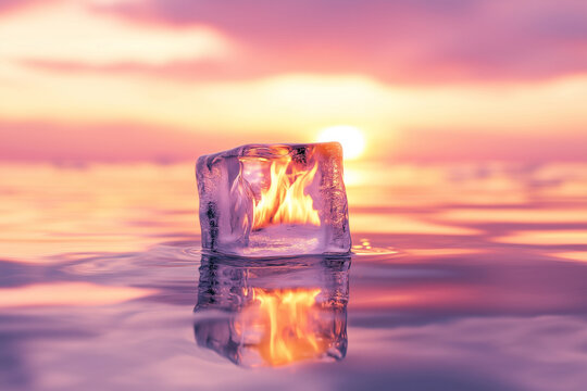 Nature scene featuring duality in a distinctive visual composition. Cube setting defined by solid and a distinctive artistic mood. The final scene brings together flames and bokeh.
