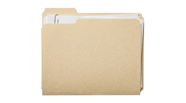 A tan manila file folder containing organized documents with a paperclip, captured in a clean studio shot against a white background.