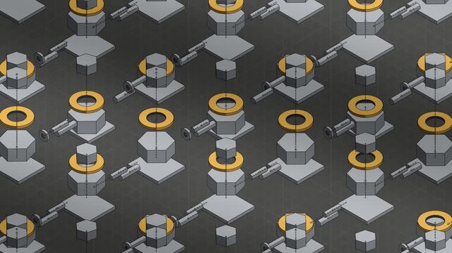 Isometric Exploded View of Machine Parts Separating and Reassembling, Flat Three Tone Seamless Loop in bright graphite tones