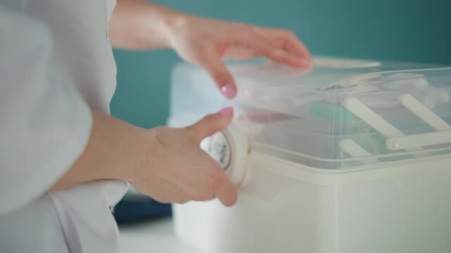 Clinician hands sealing medical storage box, turning latch to secure sterile supplies inside clear container, steady movements in calm clinical environment, final check before mobile use