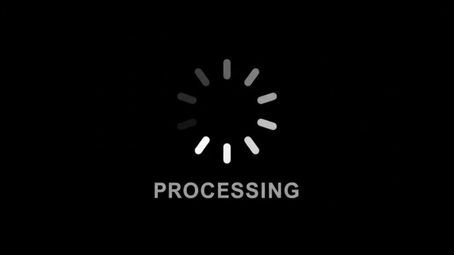Minimalist digital processing screen, white loading spinner on black background, system buffering animation for web interface