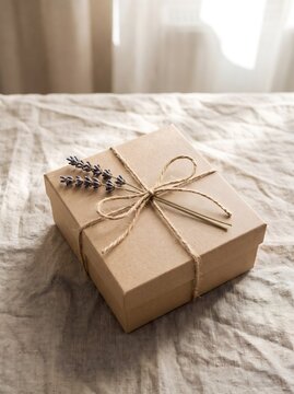 Kraft paper gift box tied with jute twine and dried lavender on linen tablecloth