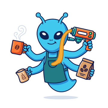 Cute blue alien barista holding coffee equipment and espresso gun, isolated vector mascot.