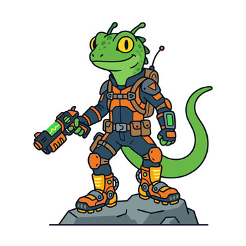 Cartoon alien gecko soldier holding a futuristic plasma pistol on a rock isolated on white