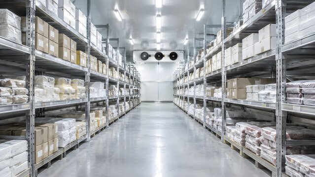 Large Commercial Cold Room with Long Empty Storage Aisles Premium Stock Image for Commercial Marketing