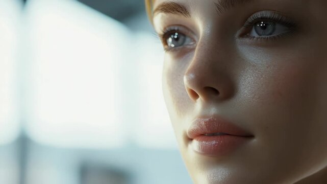 A young woman with glowing skin and striking eyes in an outdoor setting.