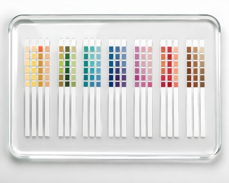 Premium Assorted Diagnostic Strips Sorted by Color Pads on Glass Plate with Subtle Reflections Photography