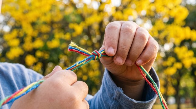 Brazilian child's hands tying colorful threads, celebrating Dia das Crian&ccedil;as with joy and tradition brazilian spring atmosphere