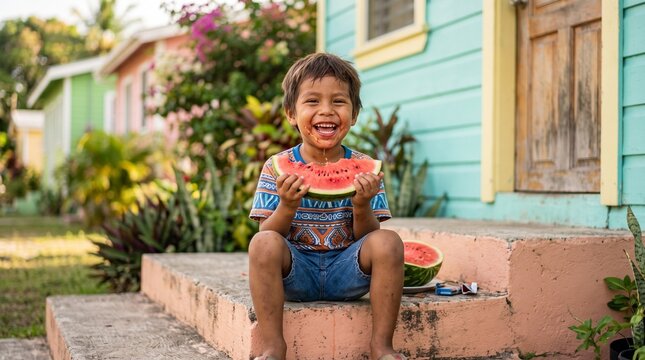 Joyful Brazilian child with watermelon, celebrating Children's Day in a vibrant neighborhood brazilian spring atmosphere