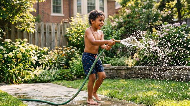 Joyful Brazilian child with diverse features plays with garden hose on sunny day celebrating Dia das Crian&ccedil;as brazilian spring atmosphere