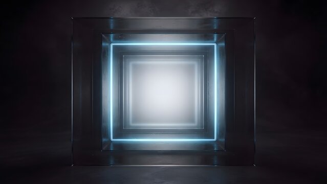 Futuristic cube structure with glowing blue neon light and reflective surfaces on a dark background.