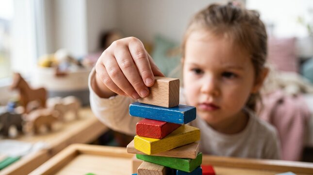 Brazilian child focused on building a colorful block tower, celebrating childhood joy and play brazilian spring atmosphere