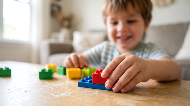 Joyful Brazilian child playing with colorful building blocks on Children's Day brazilian spring atmosphere
