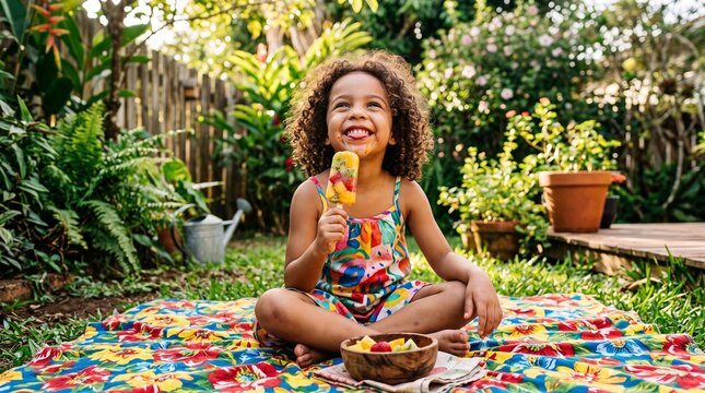 Joyful Brazilian child with curly hair enjoys a colorful fruit popsicle on Children's Day outdoors brazilian spring atmosphere